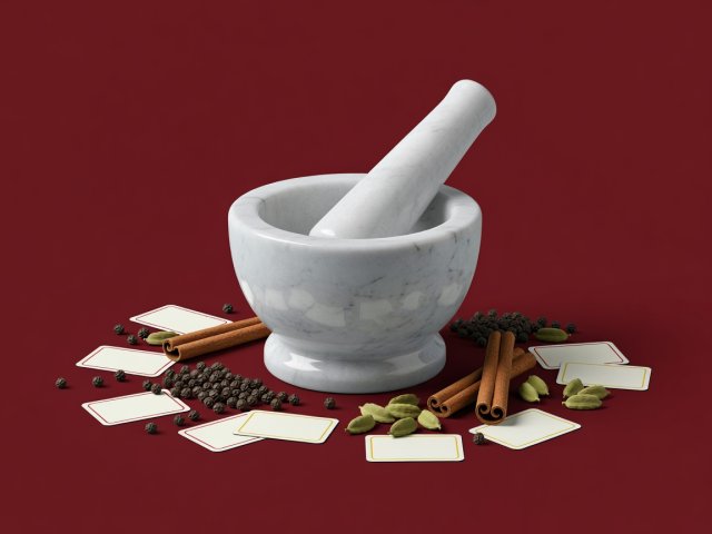 Soft-lit 3D render of a marble mortar and pestle with whole spices and dietary allergen cards on a burgundy background