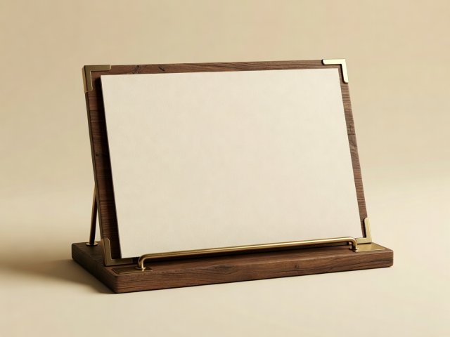 Soft-lit 3D render of a timber and brass menu stand displaying a printed daily bill of fare on a warm cream background