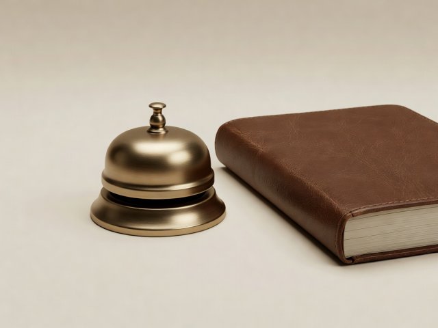 Soft-lit 3D render of a brushed brass reception reservation bell beside a leather-bound guest ledger on a cream background
